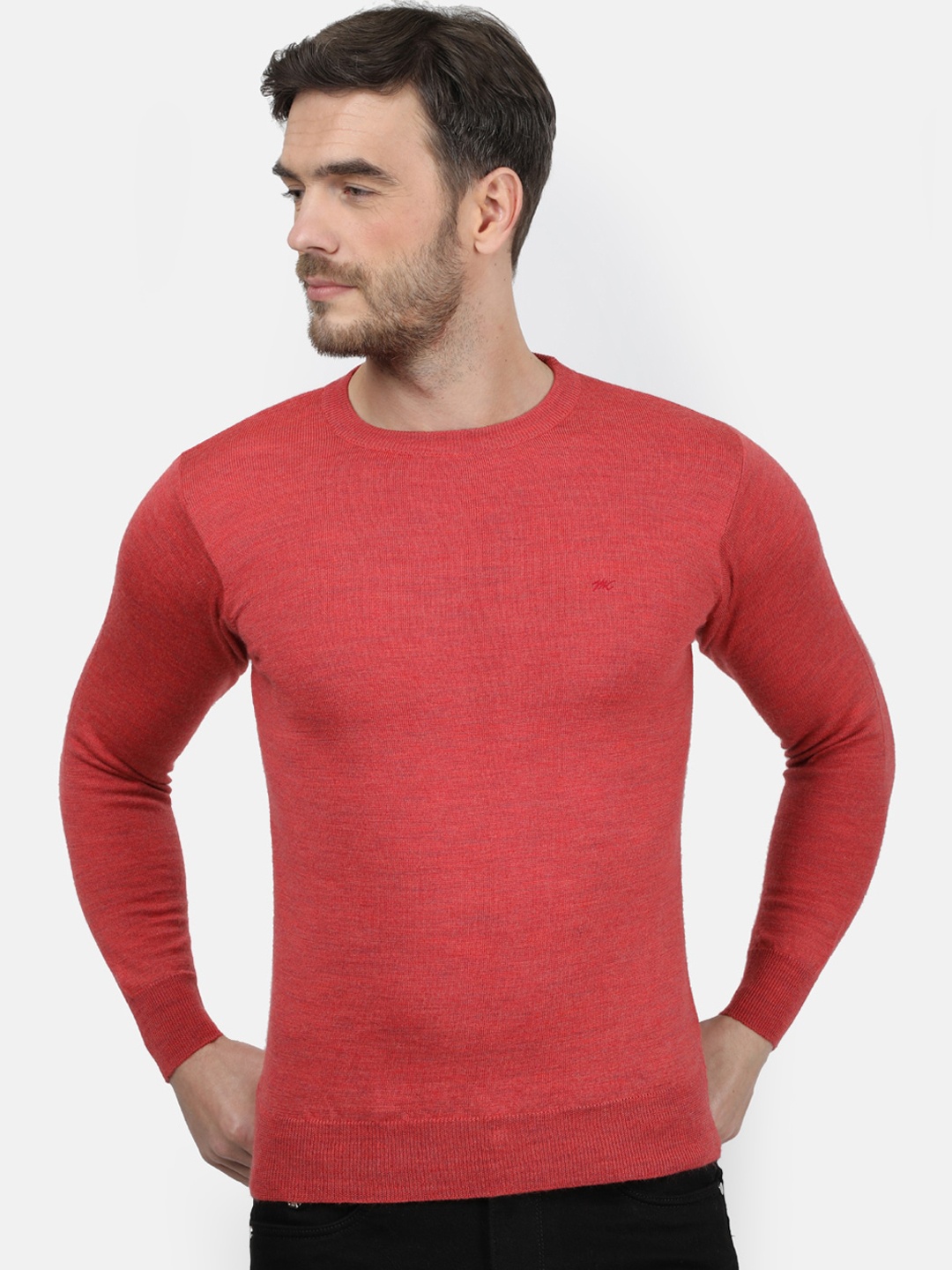 

Monte Carlo Men Coral Orange Solid Pure Wool Pullover