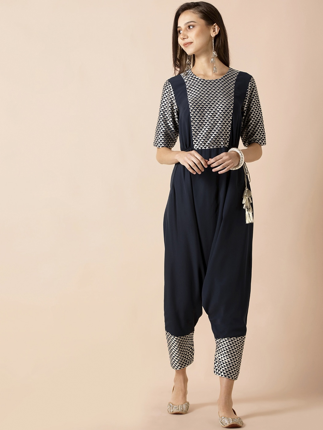 

INDYA X Payal Singhal Women Navy Blue & Grey Self Design Basic Jumpsuit