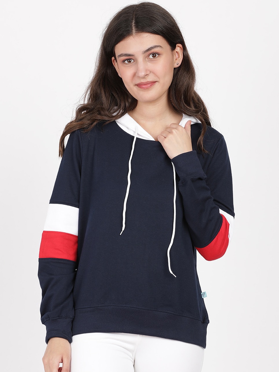 

BEVERLY BLUES Women Navy Blue colorblocked Hooded Sweatshirt