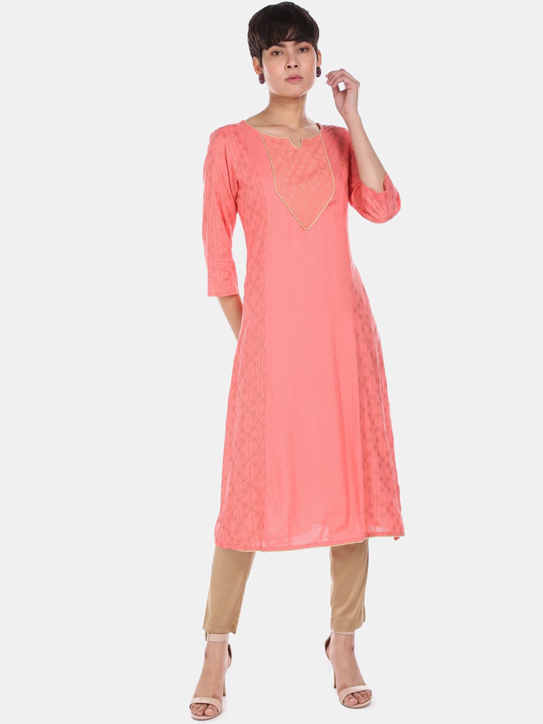 

Bronz Women Coral Pink & Gold-Coloured Printed A-Line Kurta