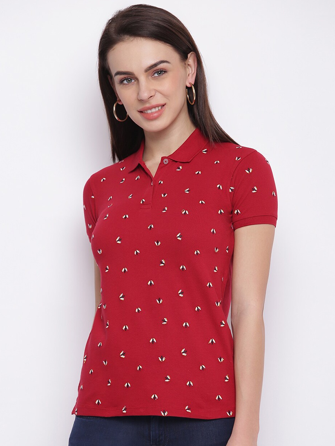 

Pepe Jeans Women Red Printed Polo Collar T-shirt