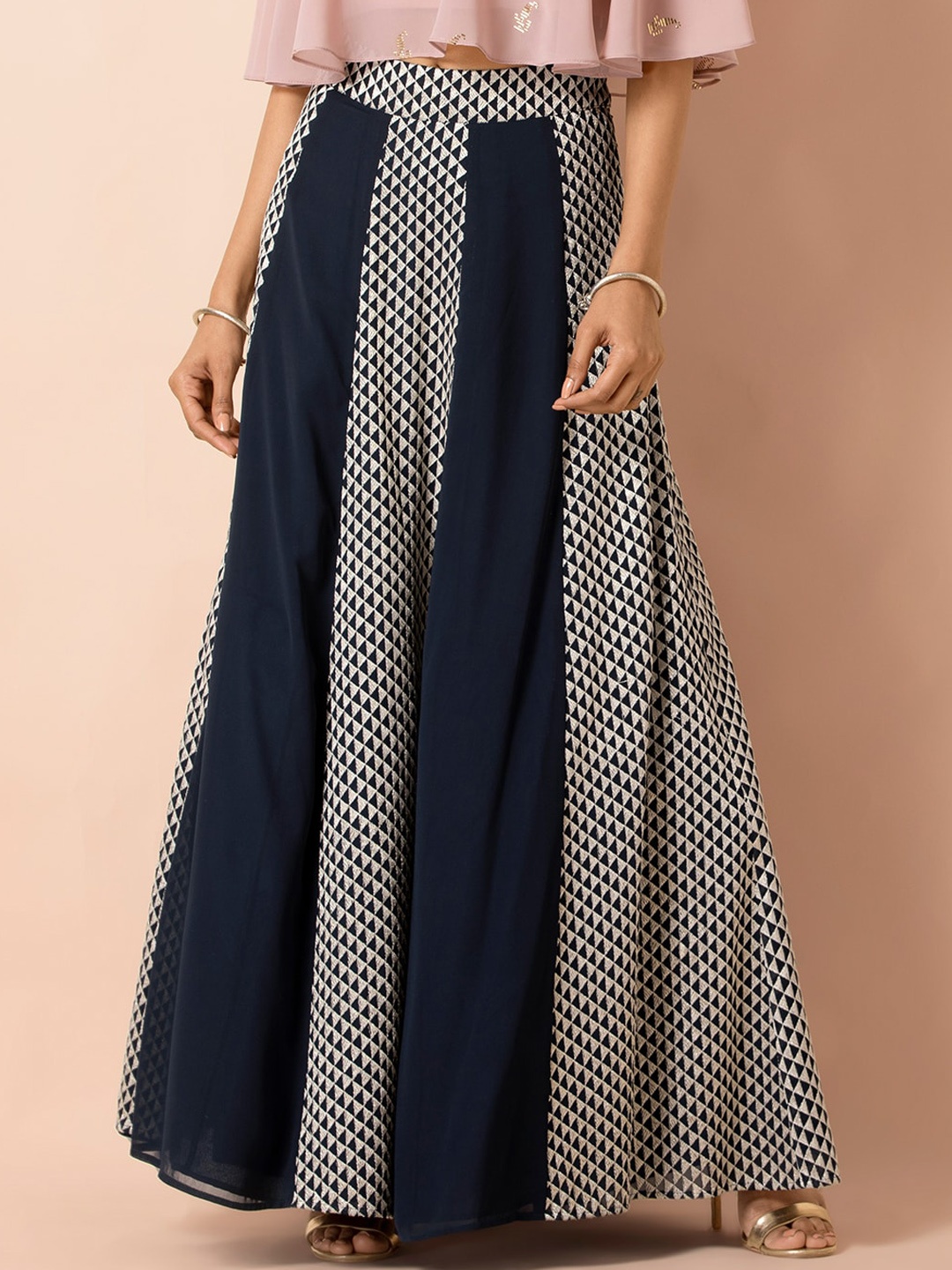 

INDYA X Payal Singhal Women Navy Blue & Gold-Colour Embroidered Flared Maxi Skirt