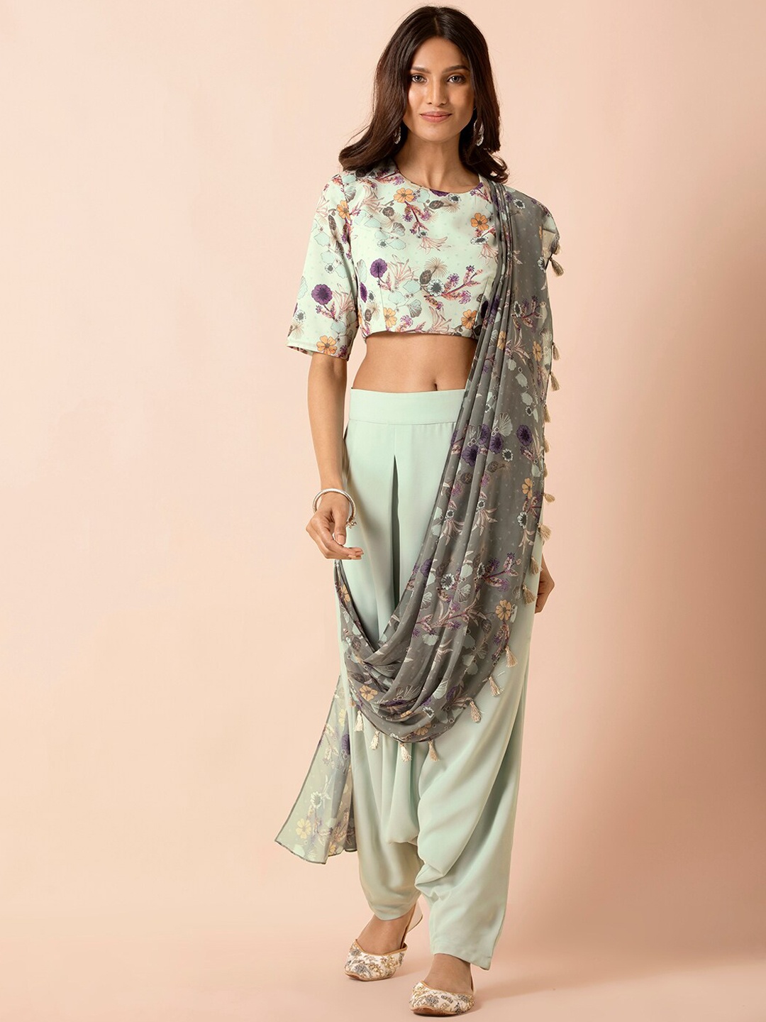 

INDYA X PAYAL SINGHAL Women Green Solid Dhoti Pants With Attached Dupatta