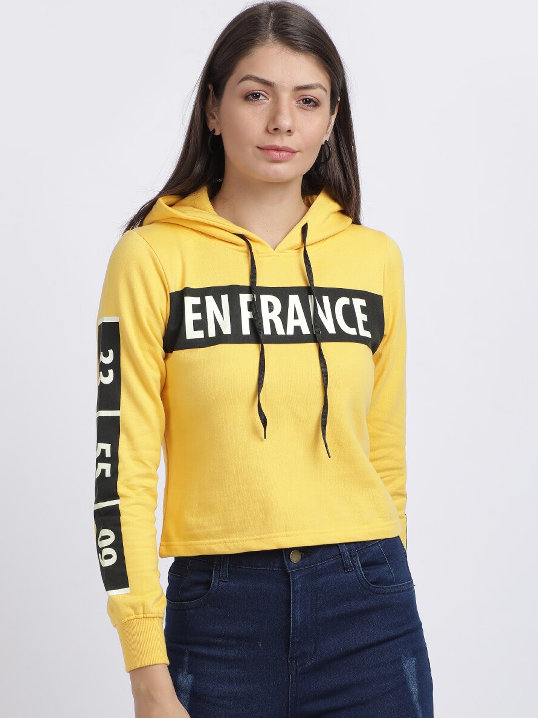 

BEVERLY BLUES Women Yellow Printed Hooded Sweatshirt