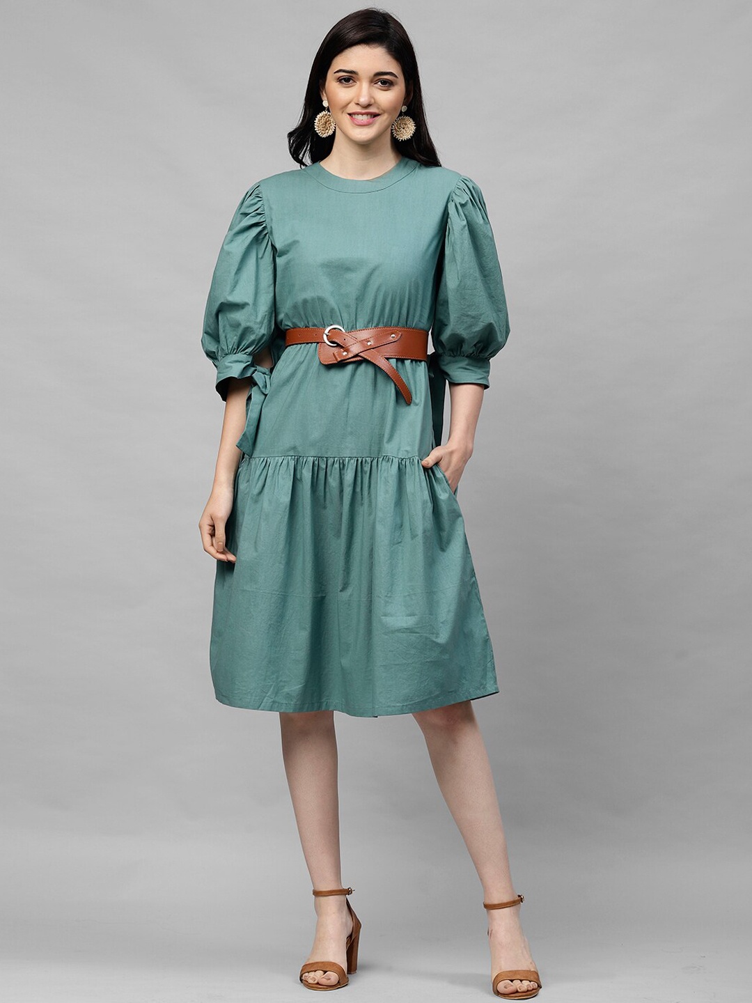 

Athena Women Sea Green Solid A-Line Dress