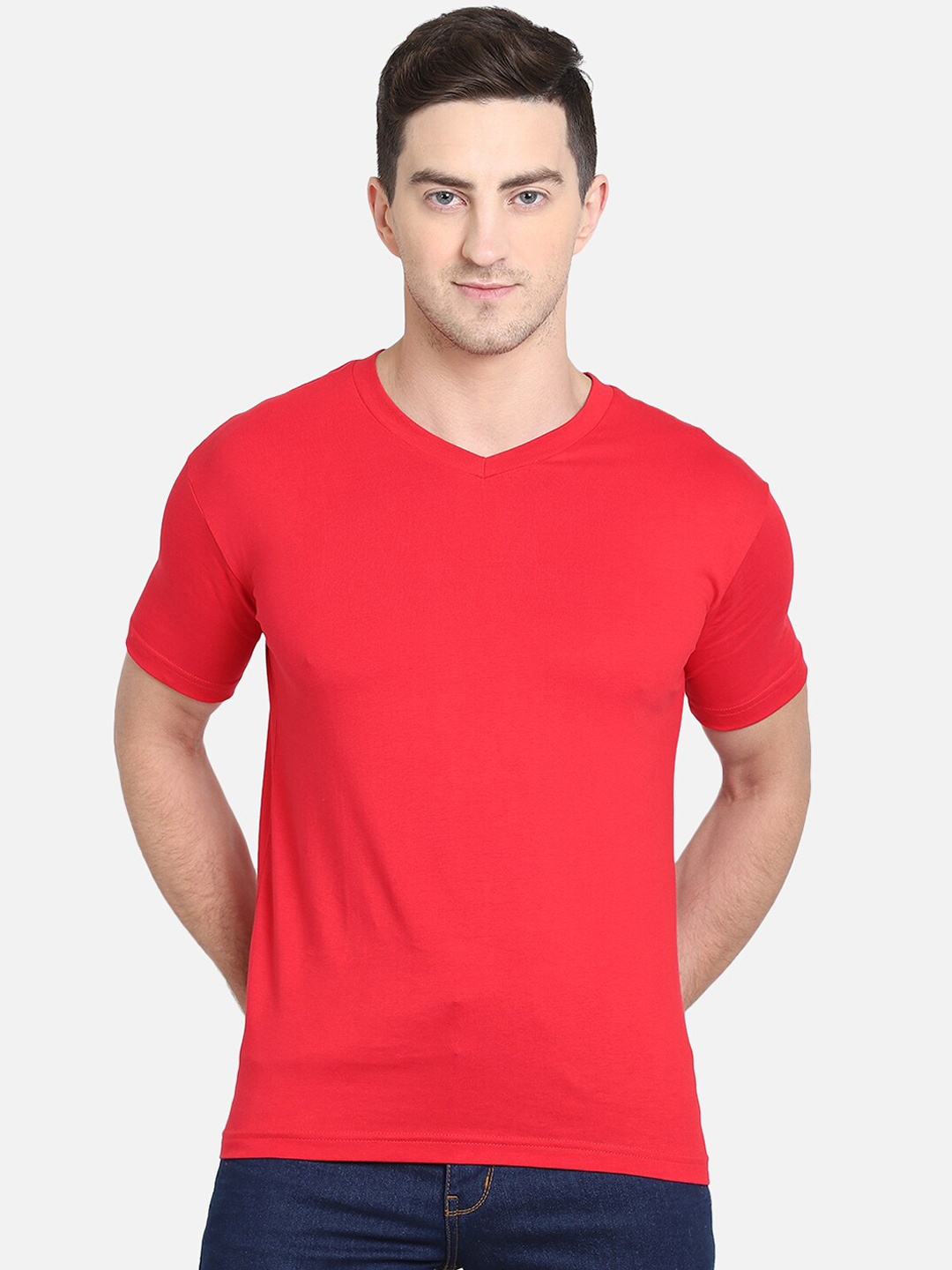 

PROTEENS Men Red Solid V-Neck T-shirt