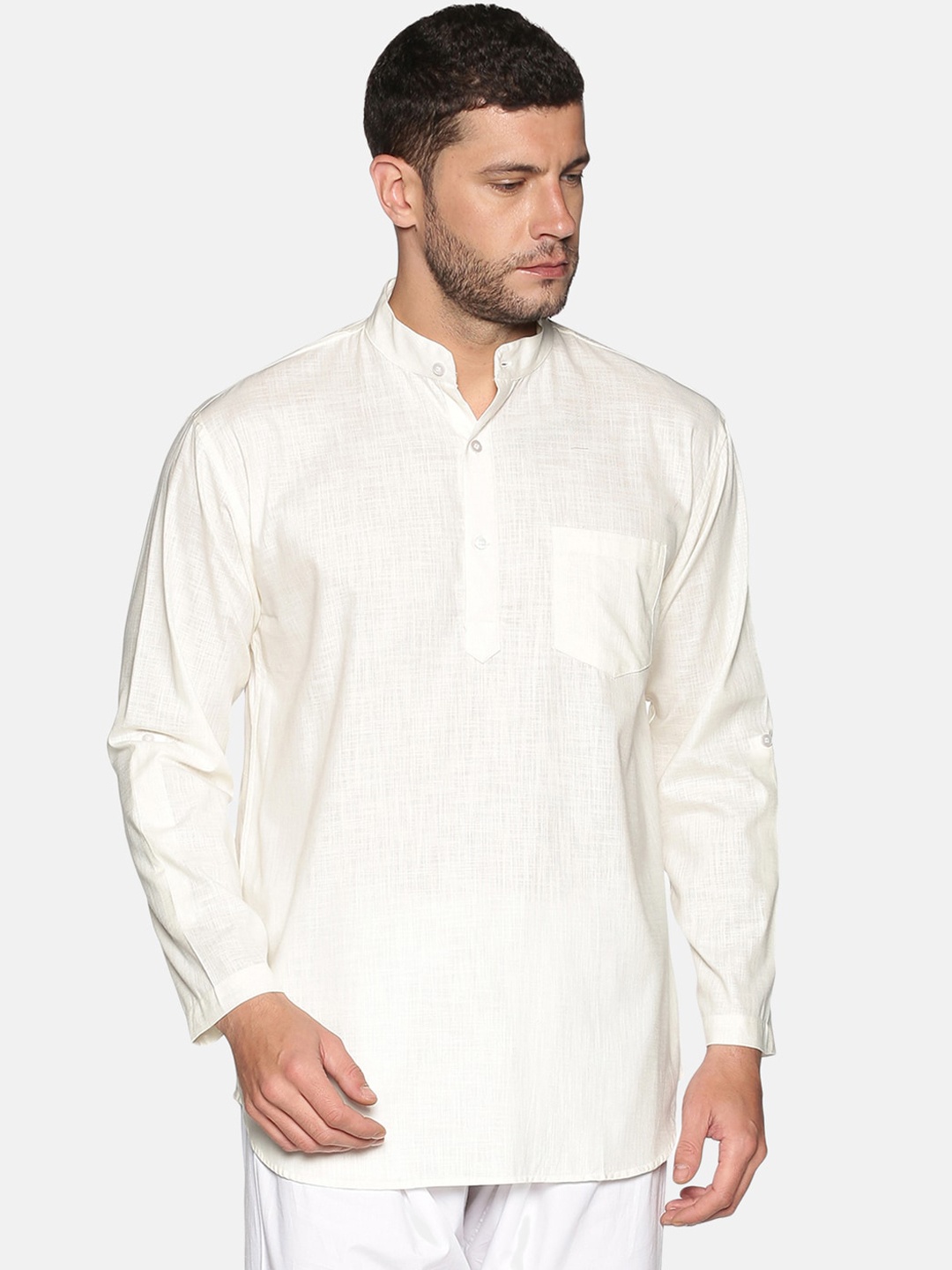Sethukrishna Men Cream-Coloured Solid Straight Kurta