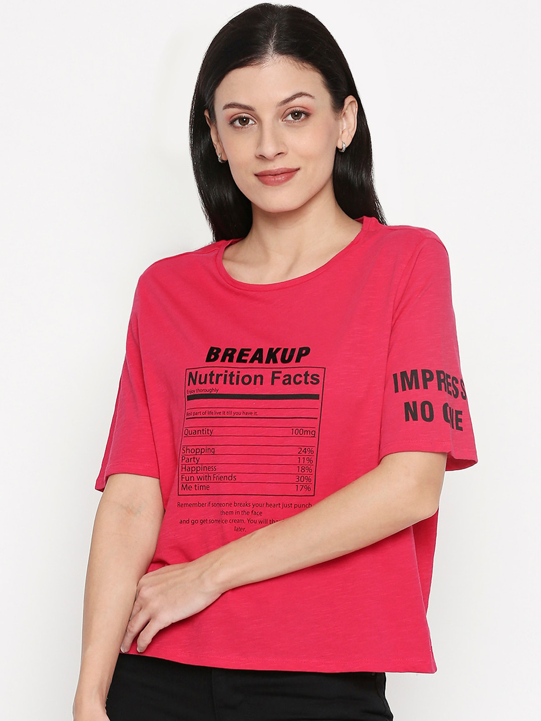 

People Women Pink Printed Round Neck T-shirt