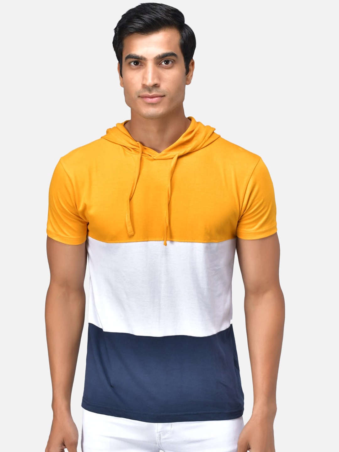 

The Dry State Men Yellow & White Colourblocked Hood T-shirt