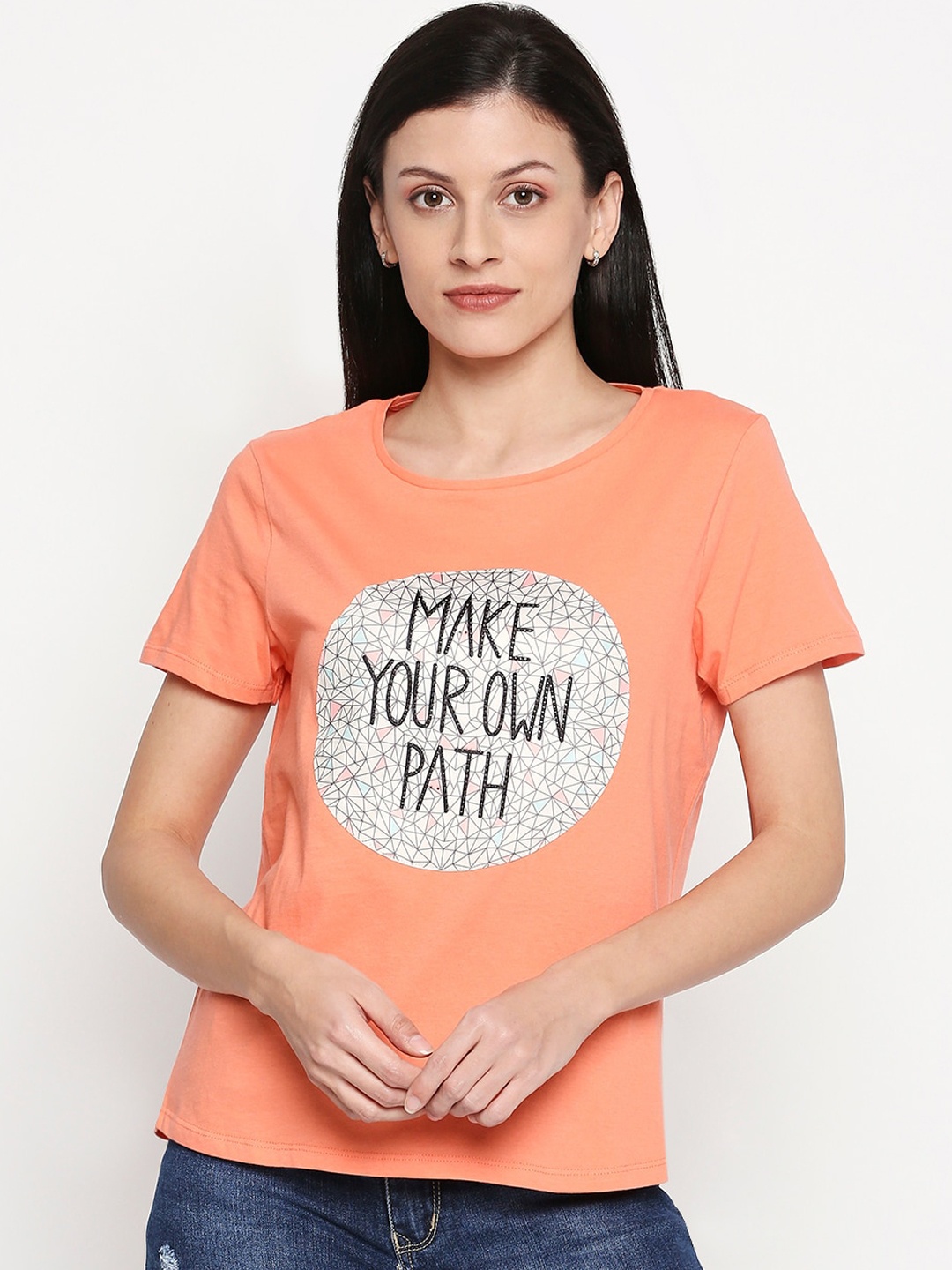 

People Women Orange Printed Round Neck T-shirt