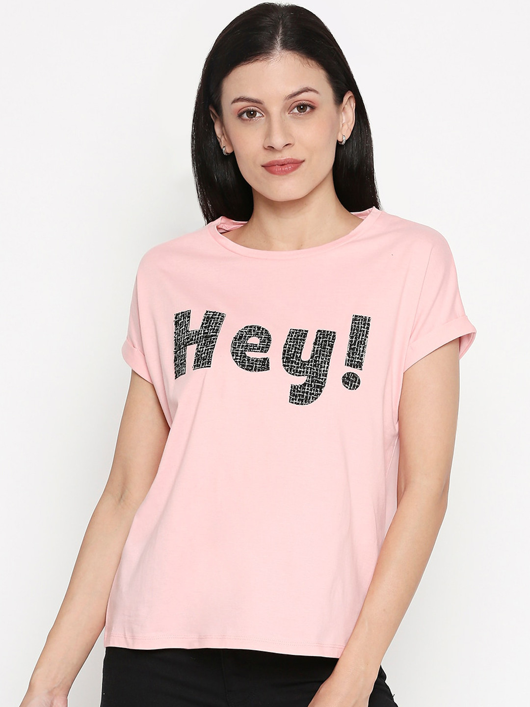 

People Women Pink Printed Round Neck Pure Cotton T-shirt