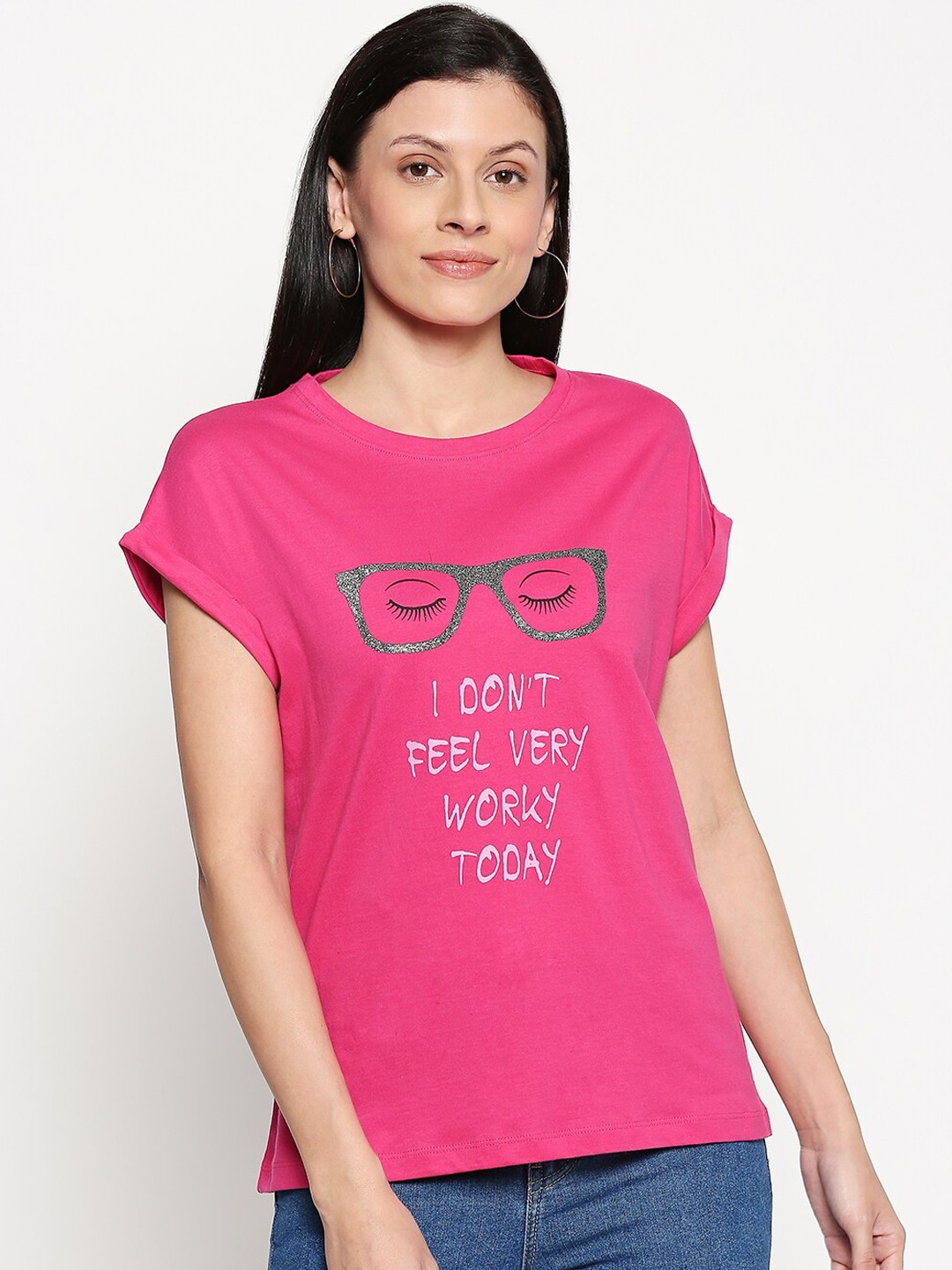 

People Women Pink Printed Round Neck T-shirt