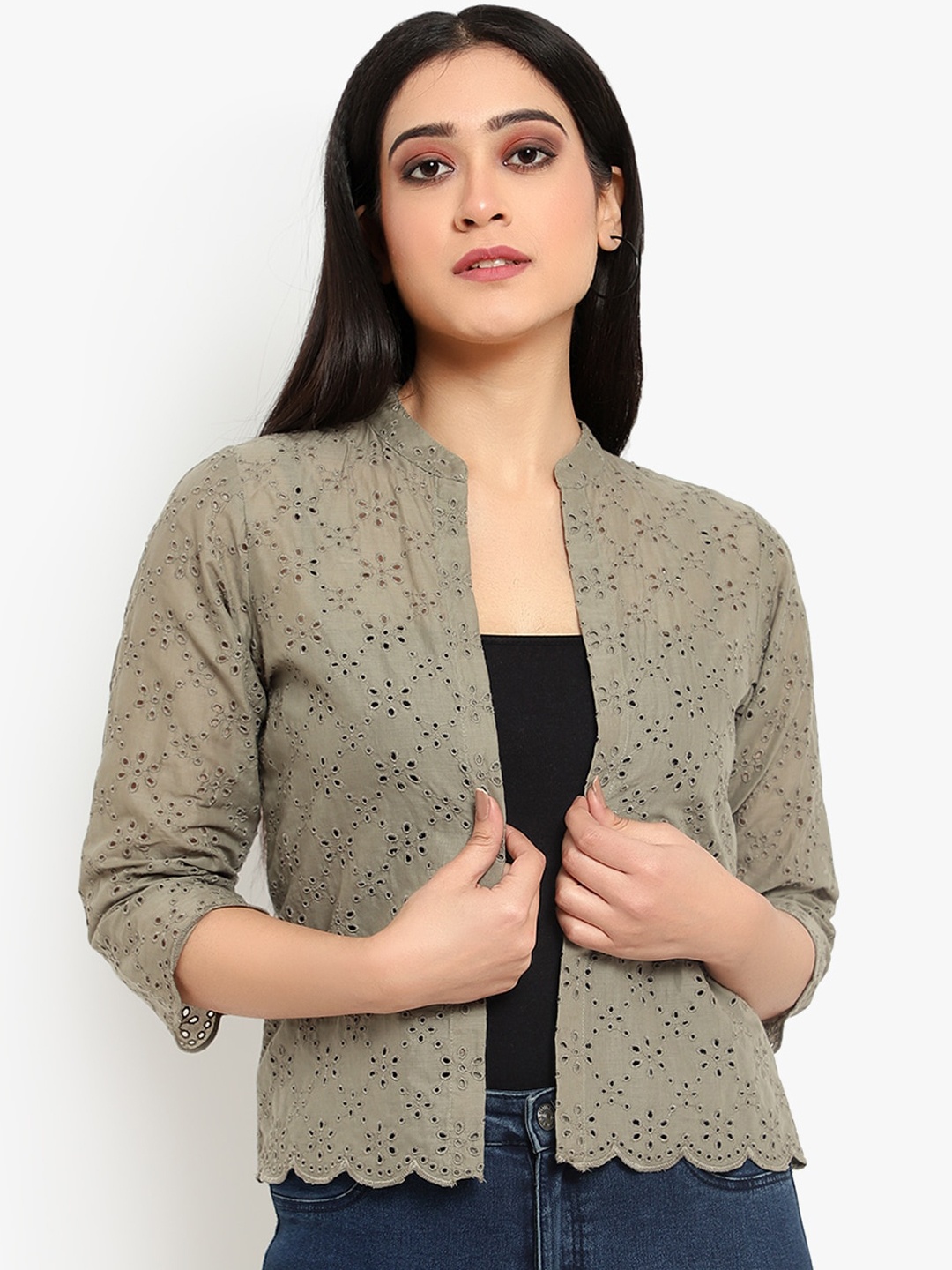 

Ayaany Women Olive Green Self Design Open Front Shrug