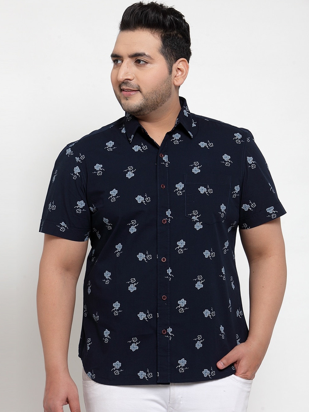 

plusS Men Navy Blue Regular Fit Floral Printed Cotton Casual Shirt