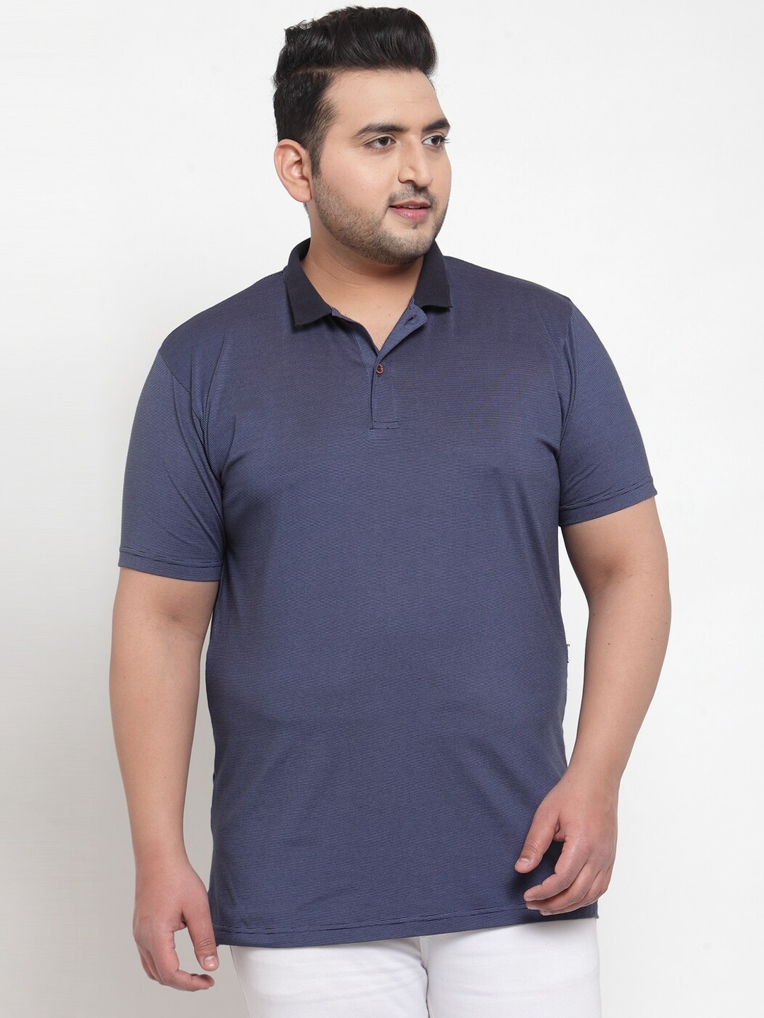 

plusS Men Navy Blue Pin Striped Polo Collar Pure Cotton T-shirt