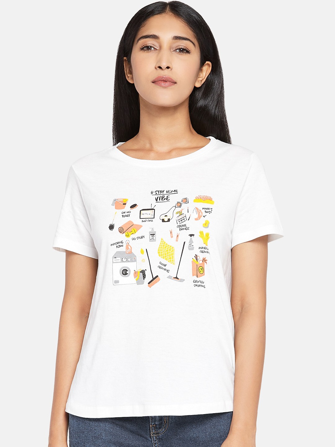 

People Women Off-White Printed Round Neck Cotton T-shirt