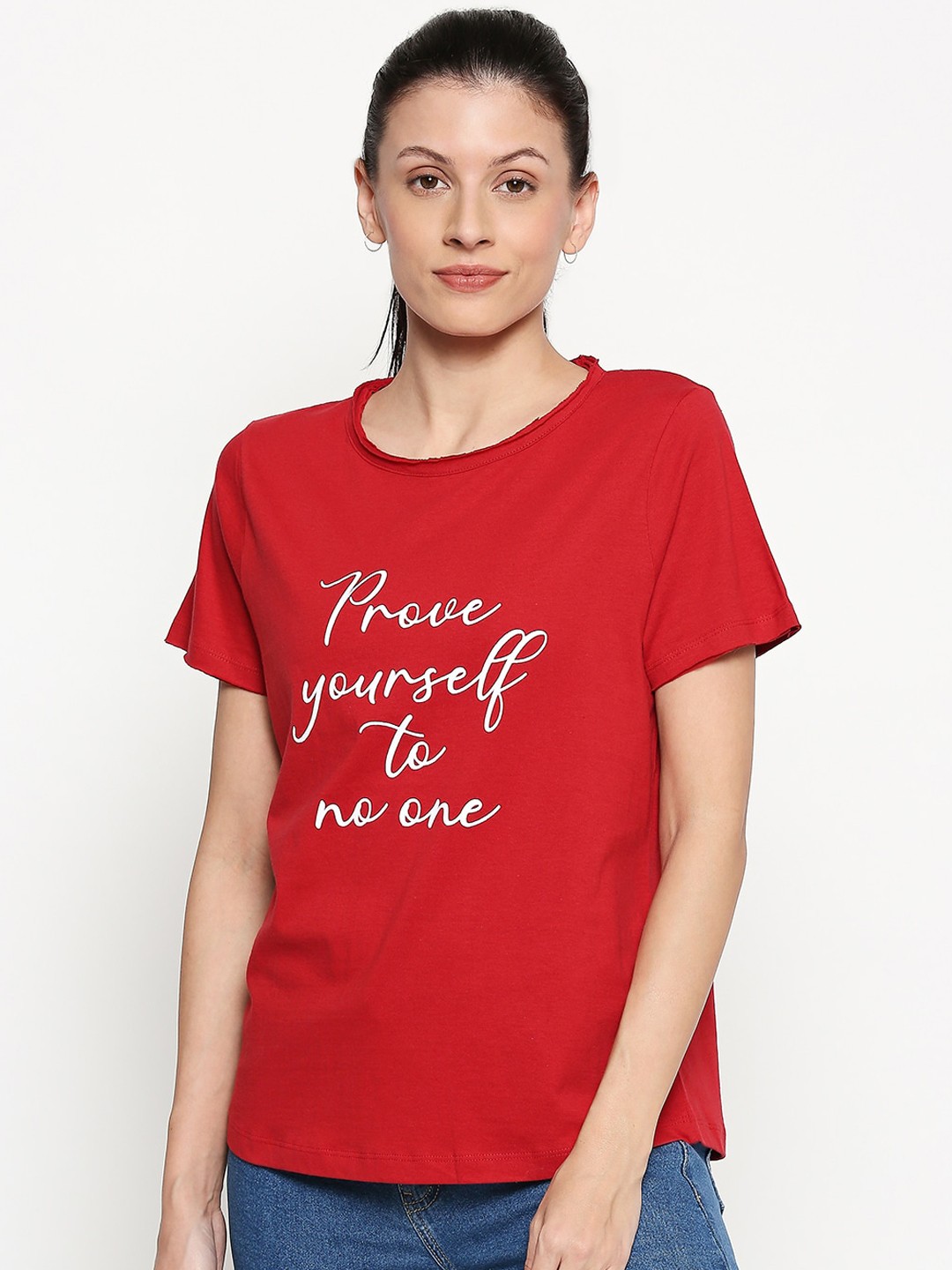 

People Women Red & White Printed Round Neck T-shirt