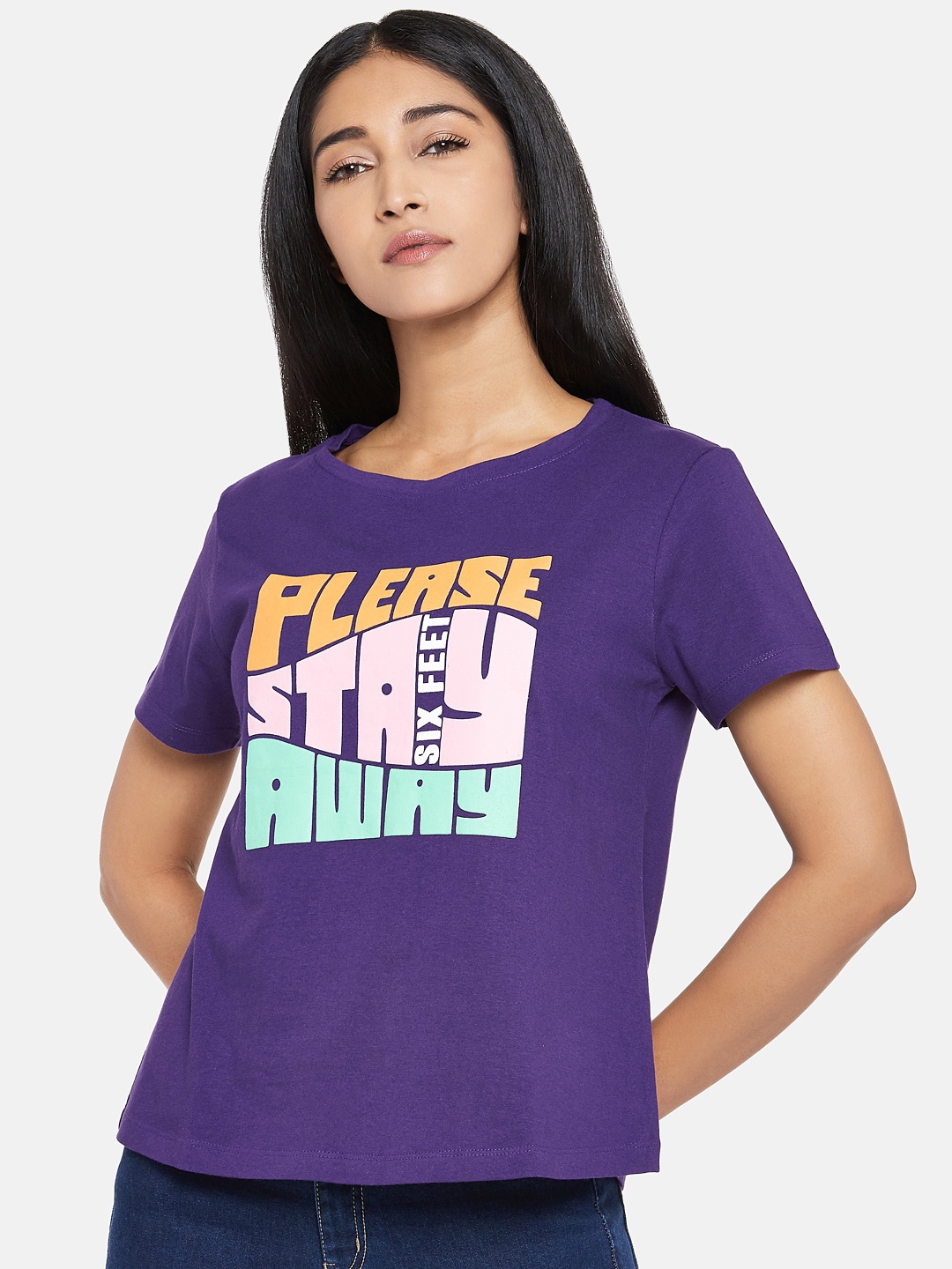 

People Women Purple Printed Round Neck T-shirt