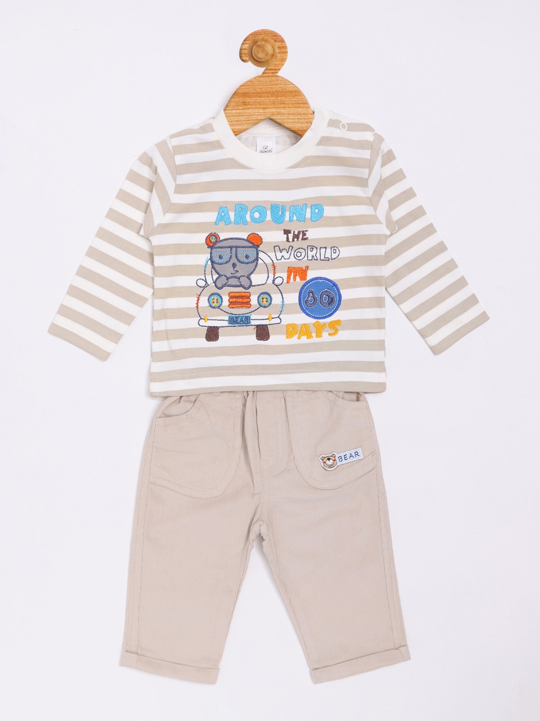 

Olio Kids Boys Beige & White Striped Pure Cotton T-shirt with Trousers
