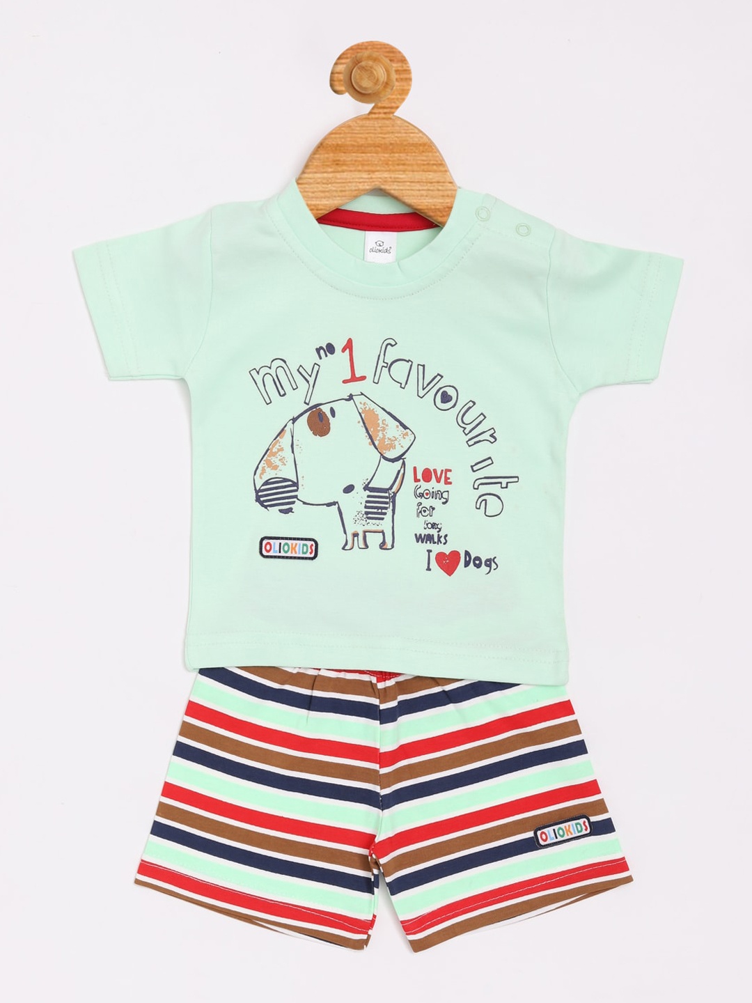 

Olio Kids Boys Green & Navy Blue Printed T-shirt with Shorts