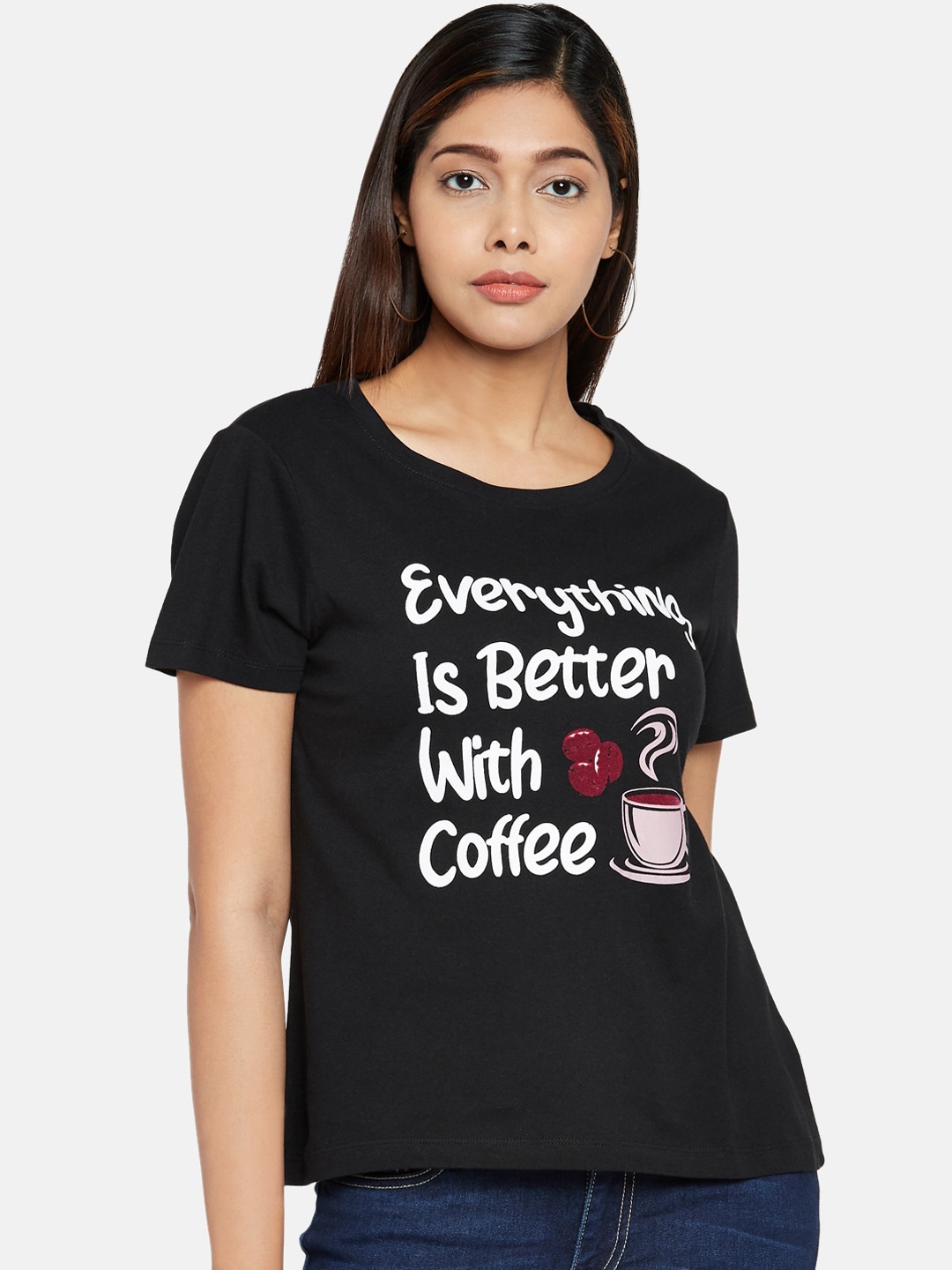 People Women Black Printed Round Neck Cotton Pure Cotton T-shirt