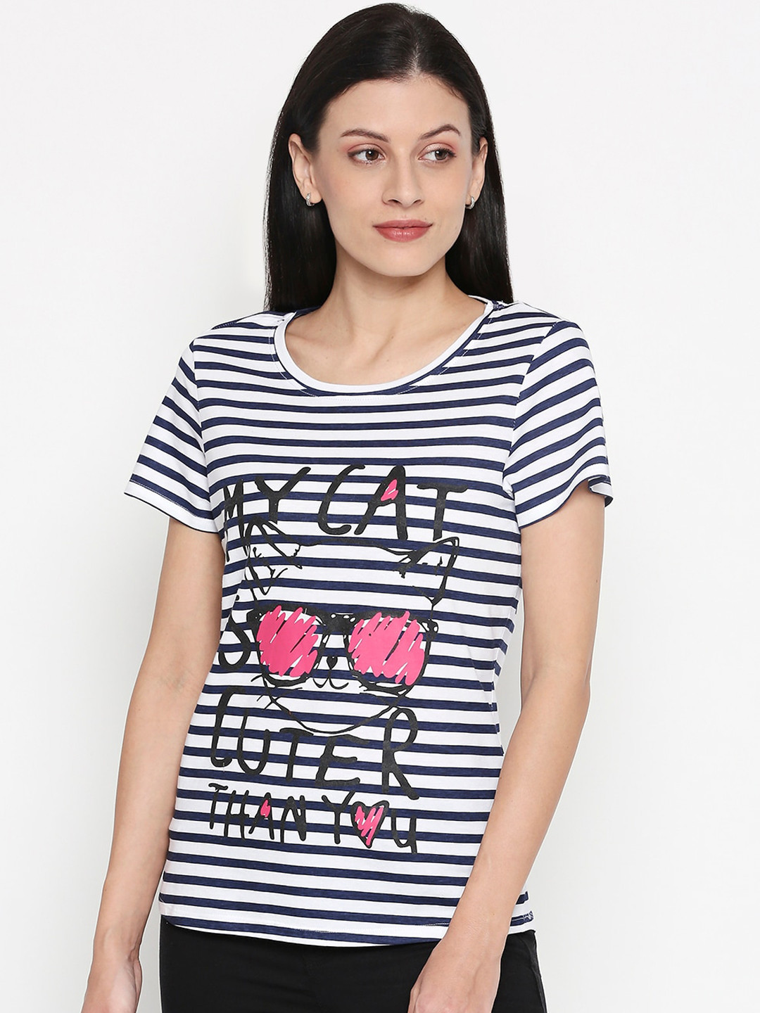 

People Women White Striped Round Neck Cotton T-shirt