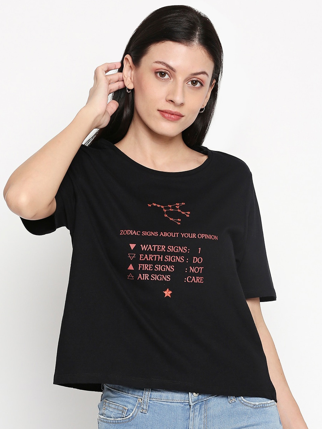 

People Women Black Printed Round Neck T-shirt