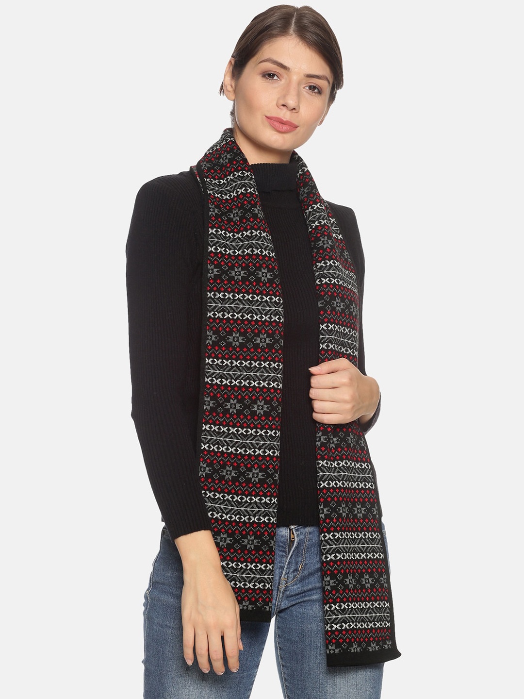 

513 Women Black & Maroon Self-Design Jacquard Muffler