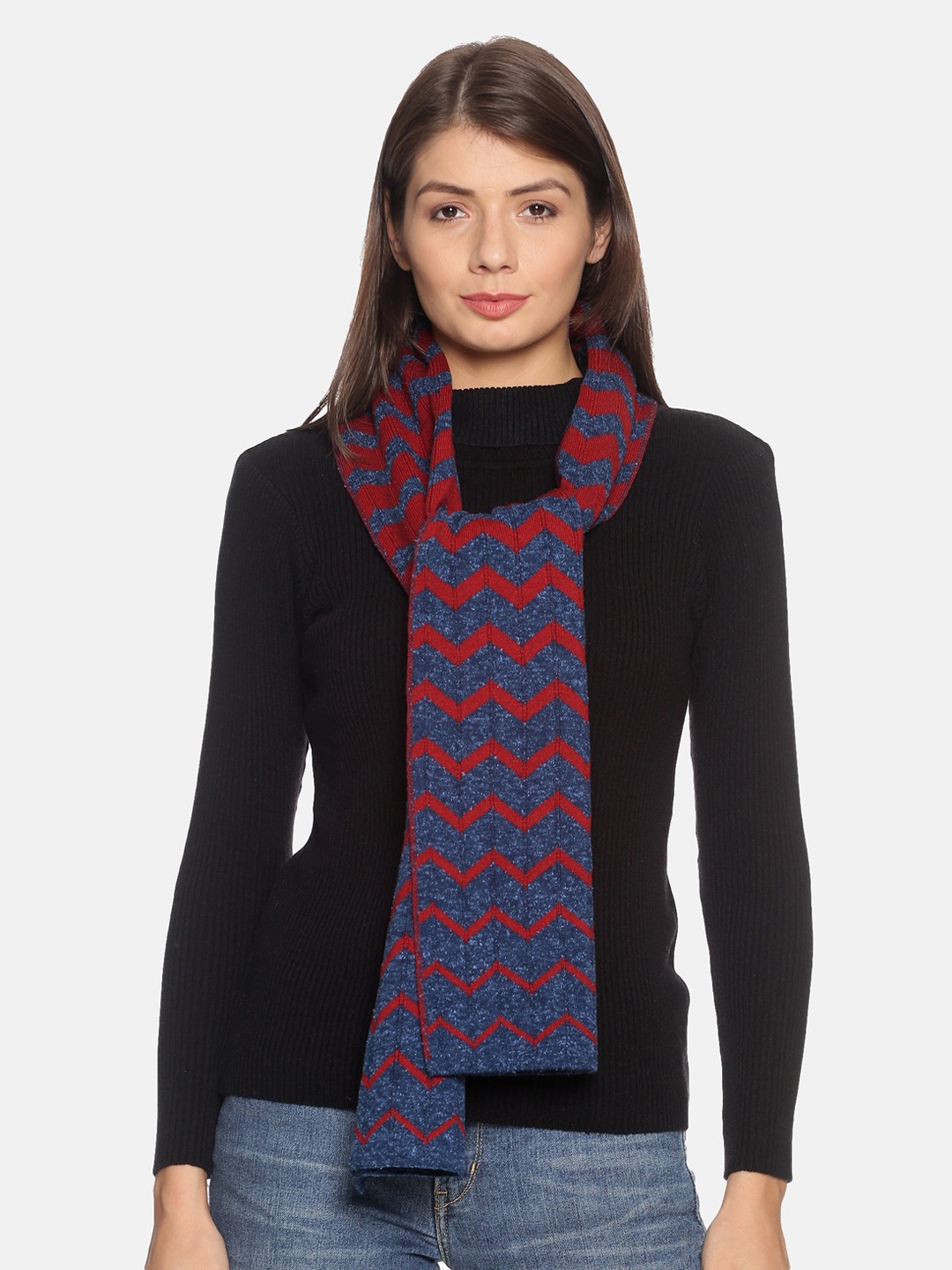 

513 Women Navy Blue & Maroon Chevron Printed Knitted Muffler