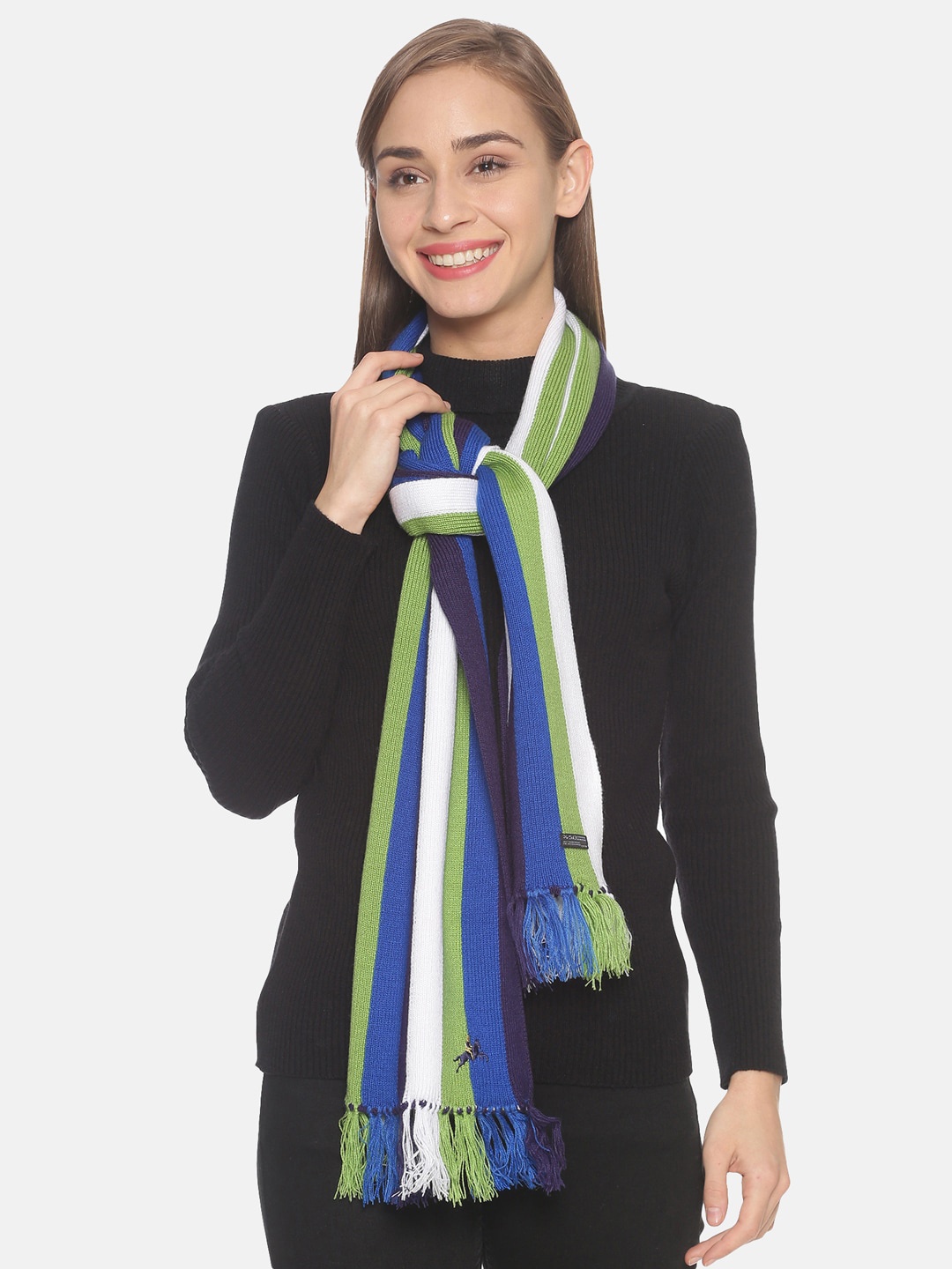 

513 Women Green & White Striped Knitted Muffler