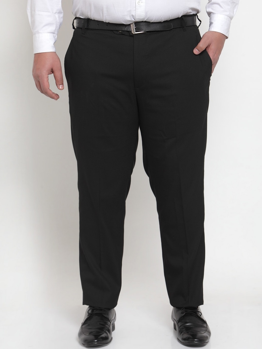 plusS Men Black Regular Fit Solid Formal Trousers