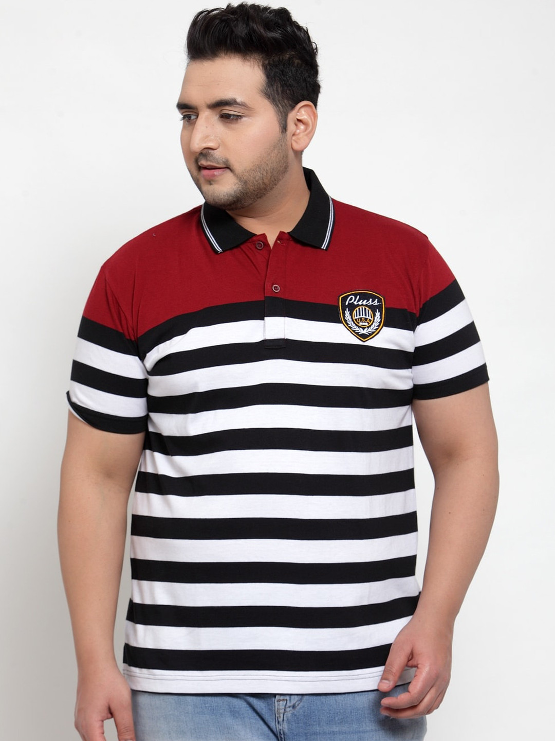 

plusS Men Maroon Striped Polo Collar T-shirt