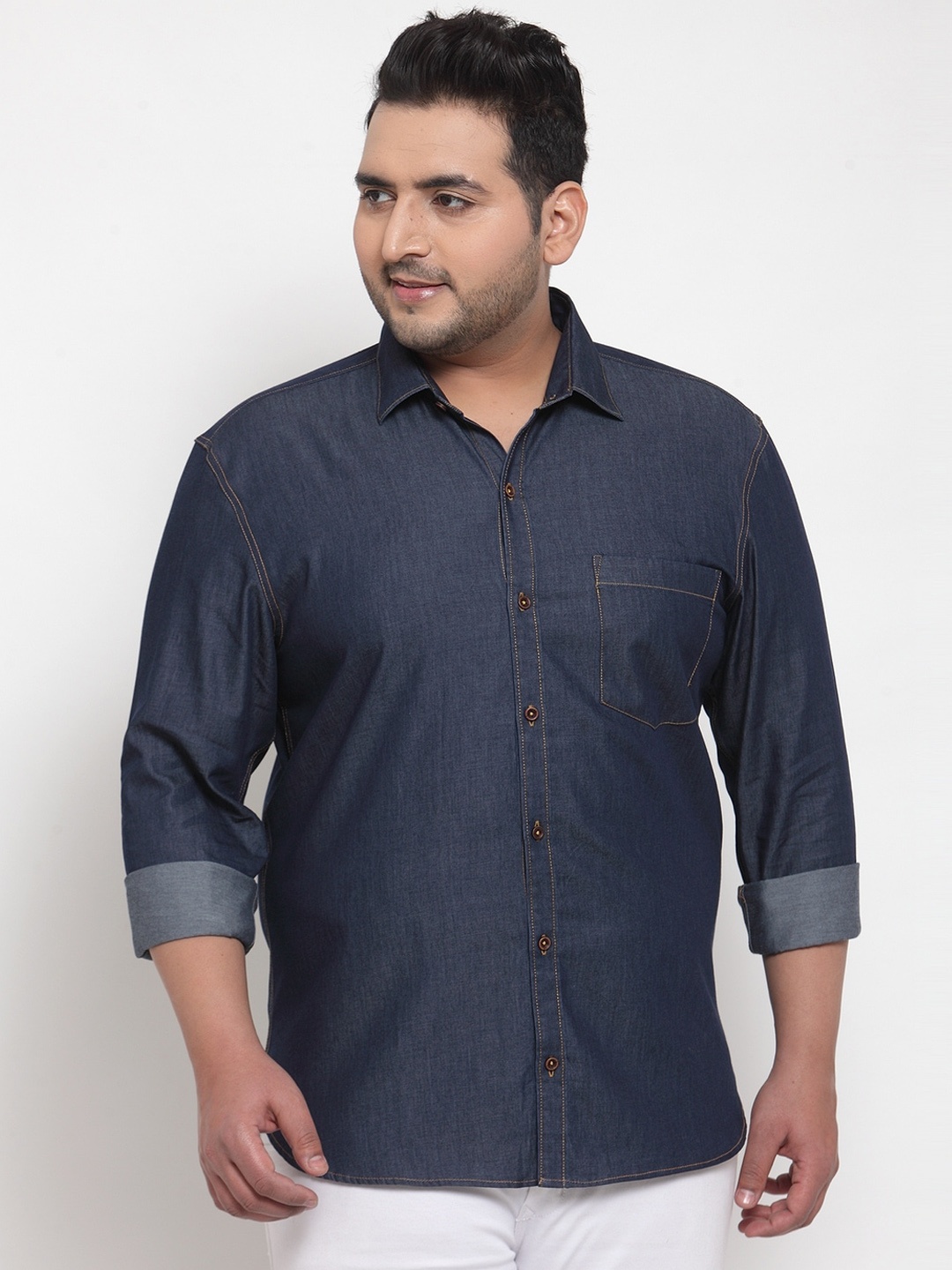 

plusS Men Blue Regular Fit Solid Casual Denim Shirt