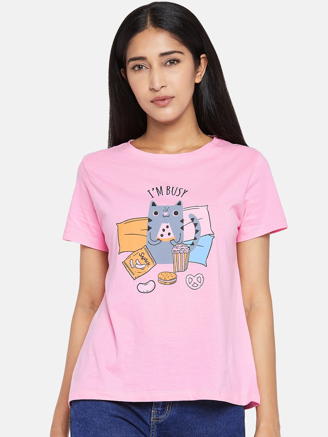 

People Women Pink Printed Round Neck Cotton Pure Cotton T-shirt