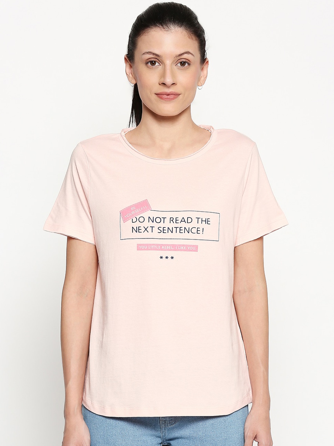 

People Women Pink Printed Round Neck Cotton Pure Cotton T-shirt