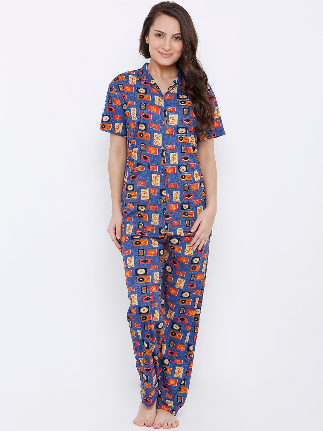 

Pretty Awesome Women Blue & Orange Printed Night Suit