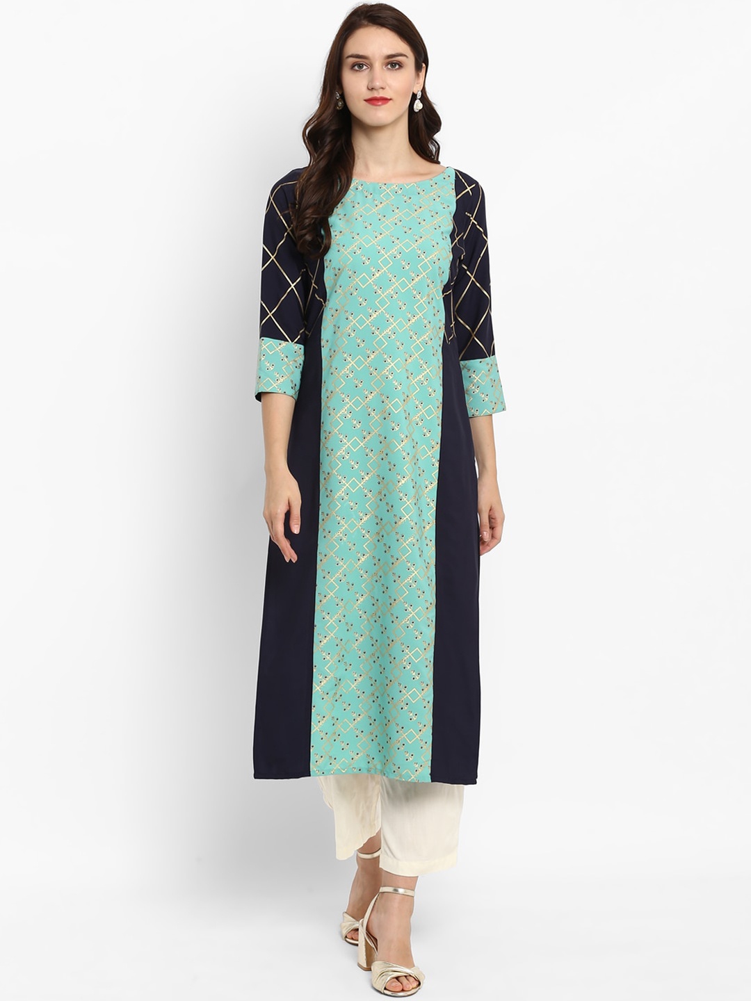 

ZIYAA Women Turquoise Blue & Black Foil Printed Straight Kurta