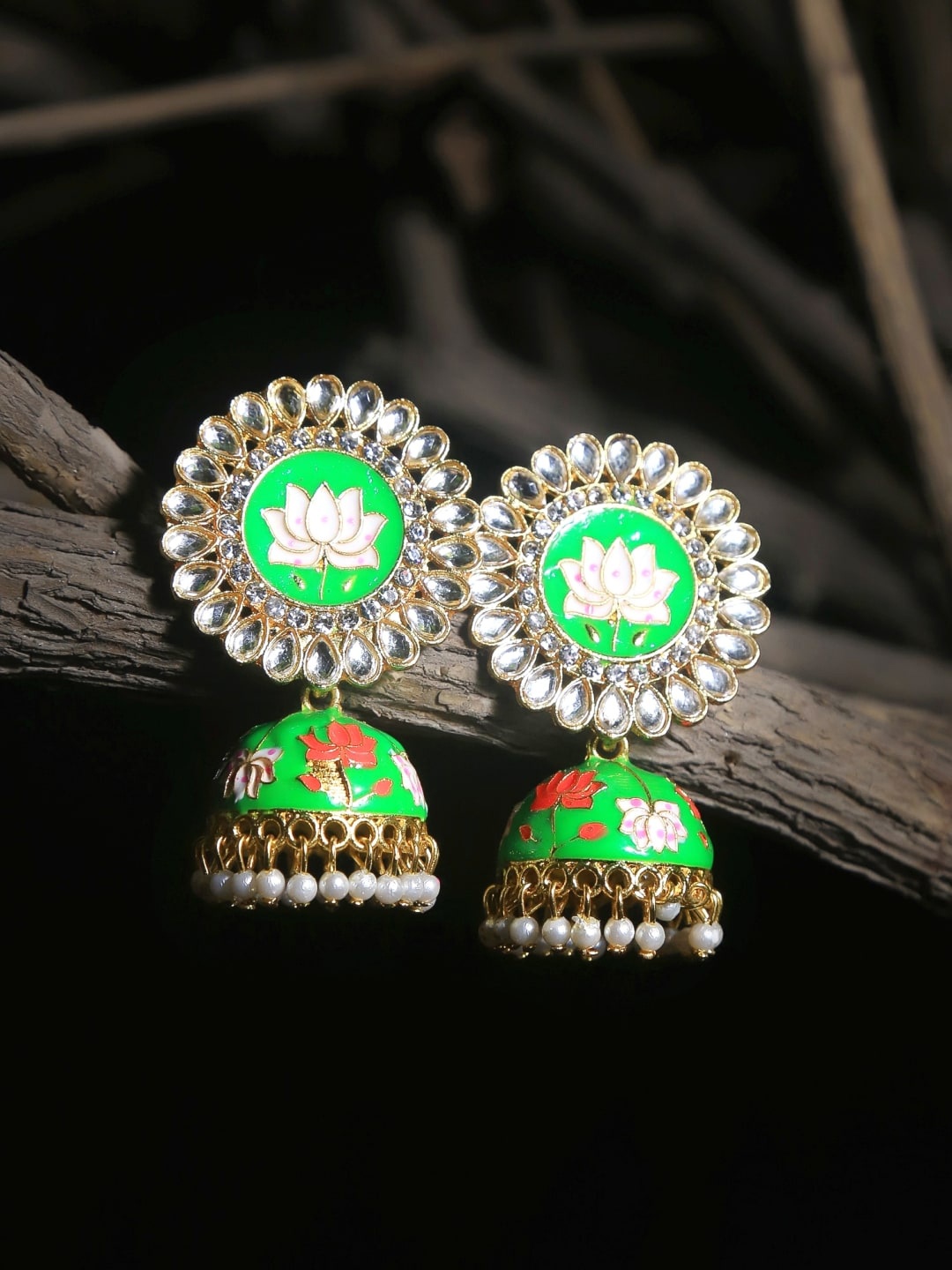 

Crunchy Fashion Green Gold-Plated Dome Shaped Jhumkas