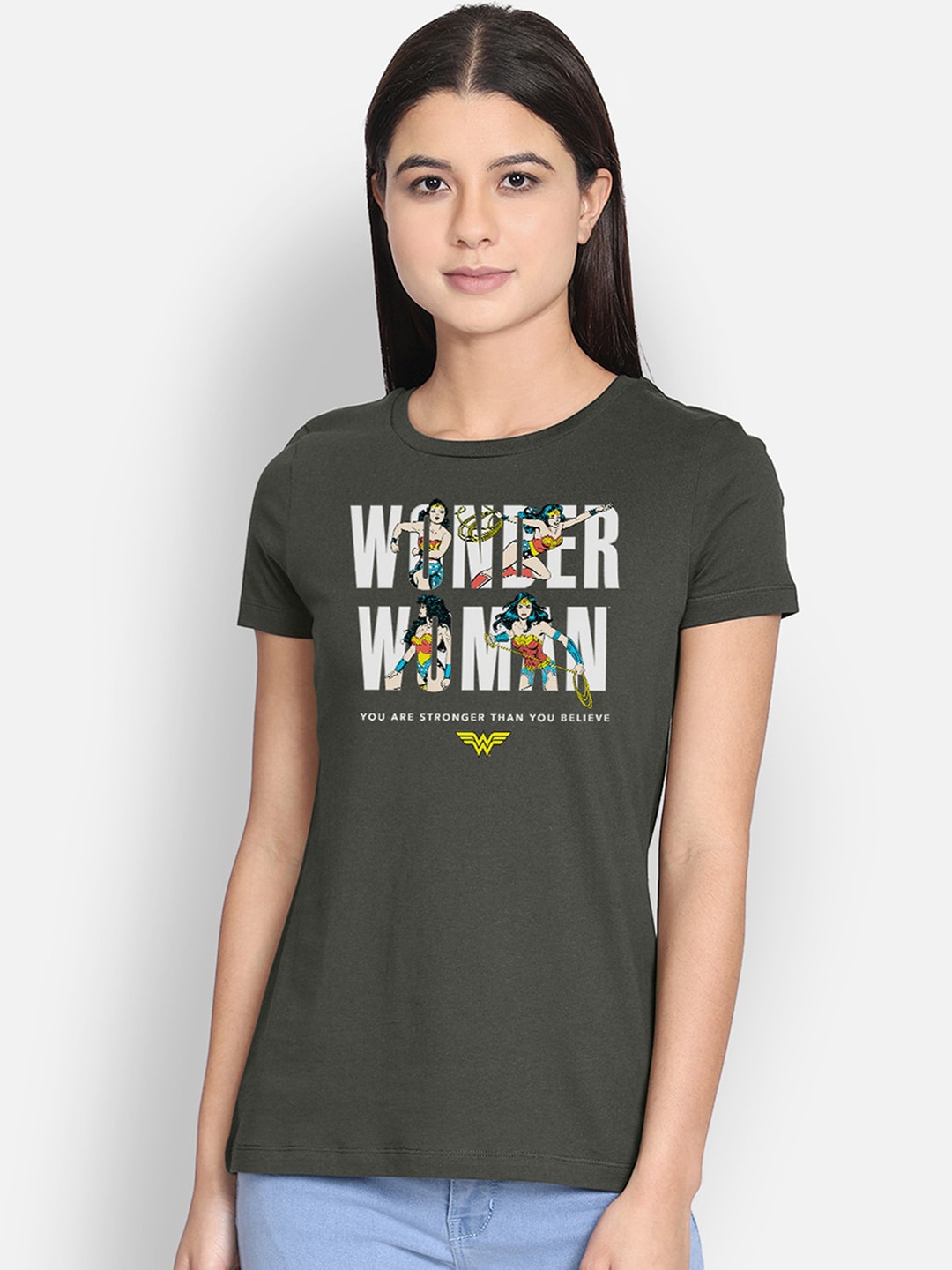 

Free Authority Women Olive Green Wonder Woman Printed Round Neck T-shirt