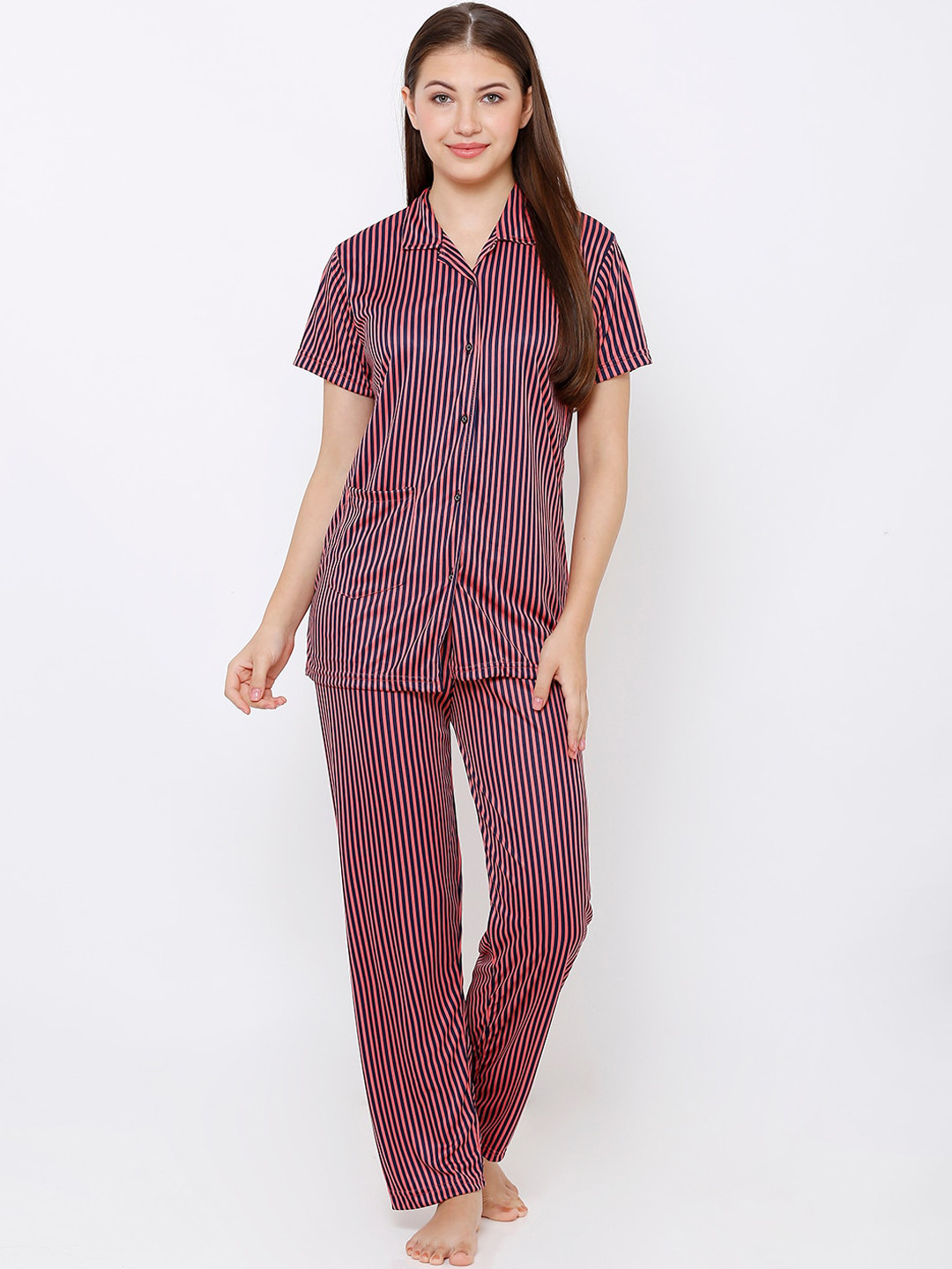 

Pretty Awesome Women Peach-Coloured & Navy Blue Striped Night Suit