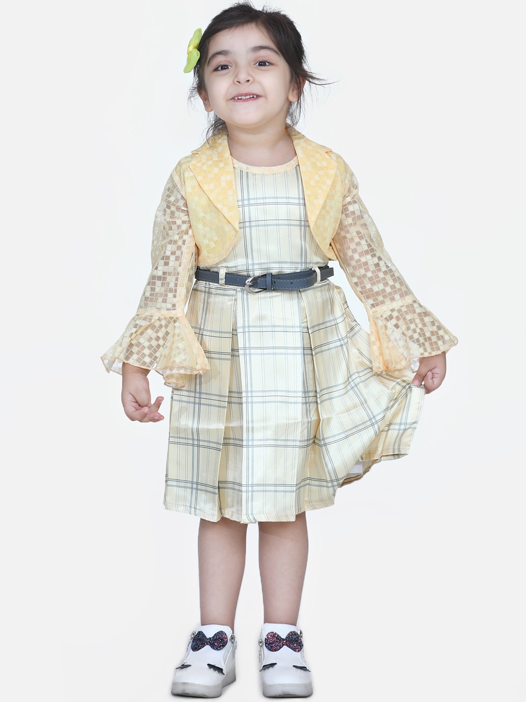 

ADIVA Girls White & Yellow Checked A-Line Dress with Jacket