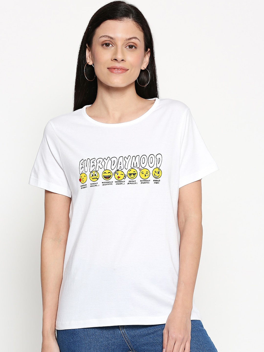 

People Women White & Black Printed Round Neck T-shirt