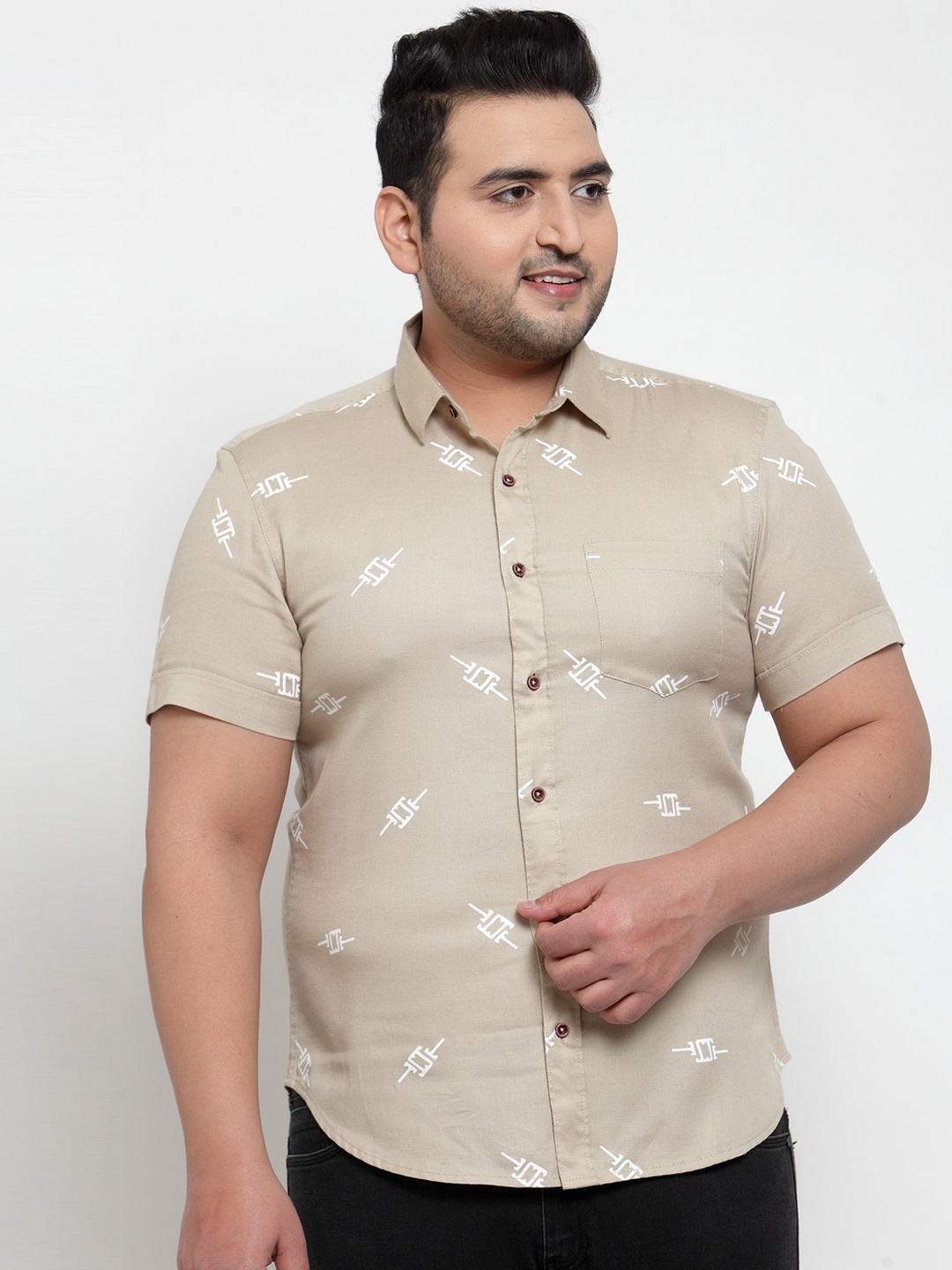 

plusS Men Plus Size Beige Printed Casual Shirt