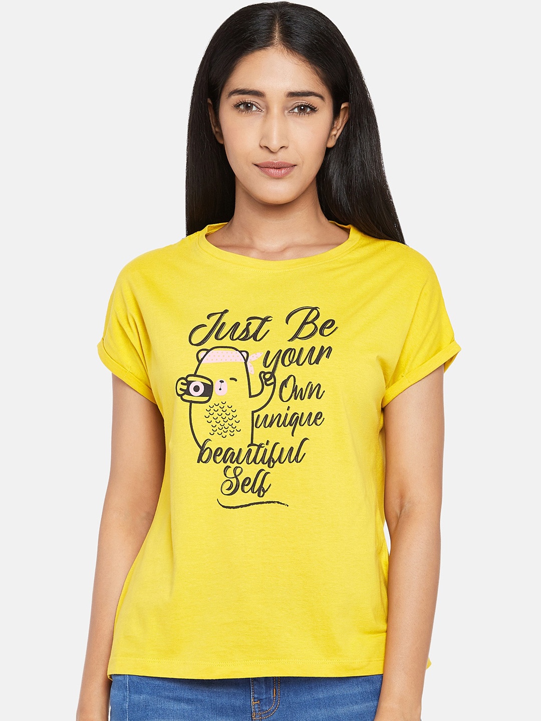 

People Women Yellow Printed Round Neck Cotton Pure Cotton T-shirt