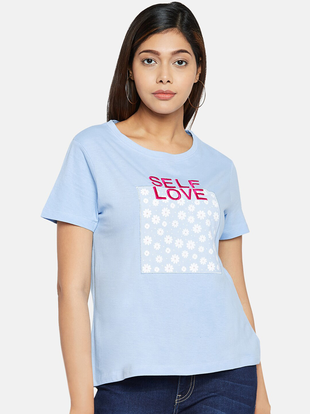 

People Women Blue Printed Round Neck Pure Cotton T-shirt