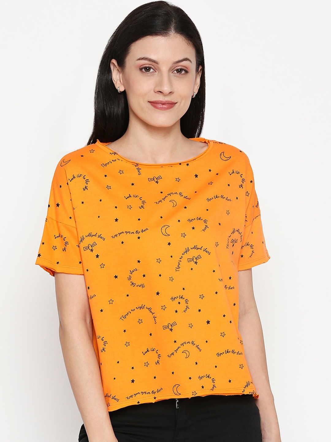 

People Women Yellow Printed Round Neck T-shirt