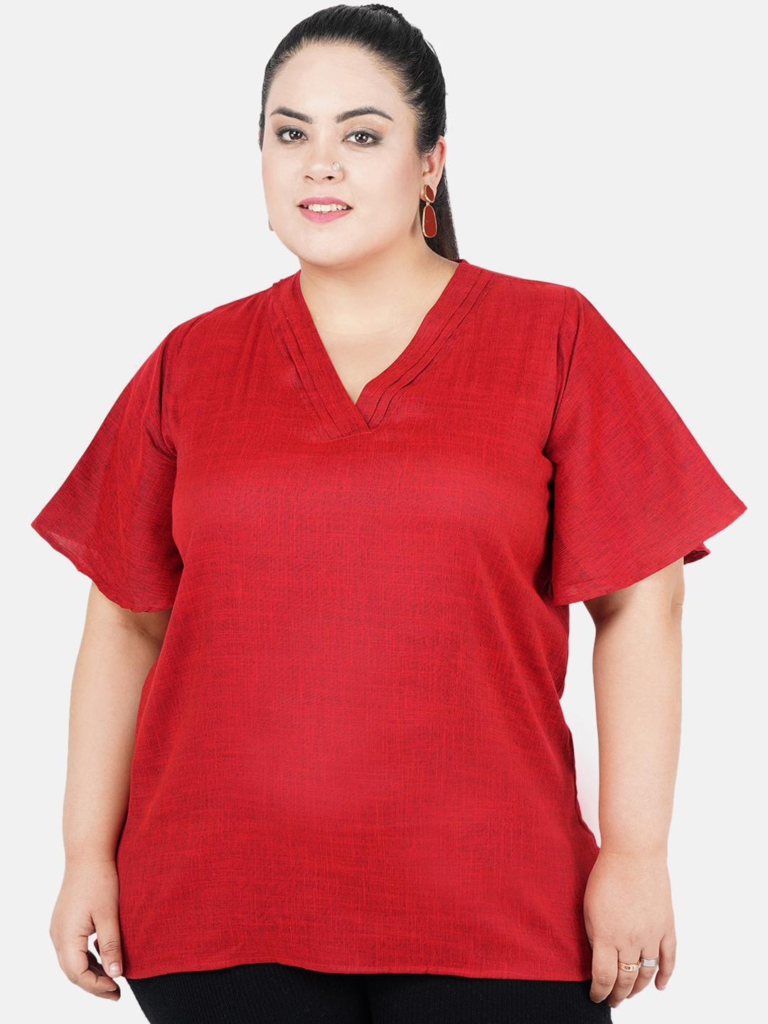 

Indietoga Women Red Solid Cotton Plus Size Tunic