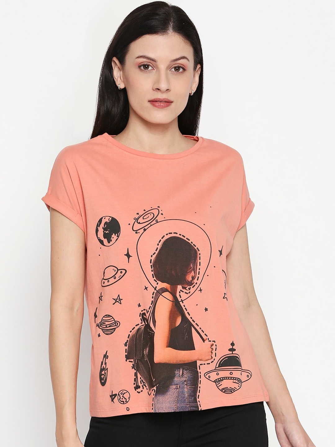 

People Women Orange Printed Round Neck T-shirt