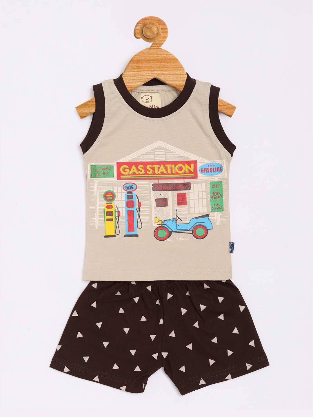 

Olio Kids Boys Beige & Black Pure Cotton Printed T-shirt with Shorts
