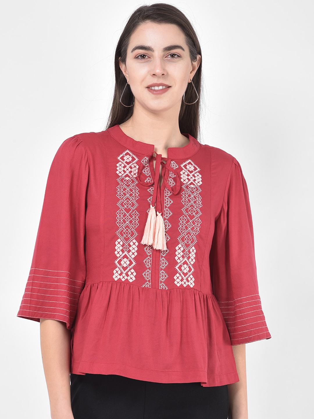 

Latin Quarters Women Red Embroidered Peplum Top